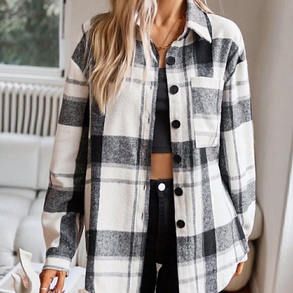 Black and White Casual Womens Plaid Print Drop Shoulder Shirt - Picture 3 of 7